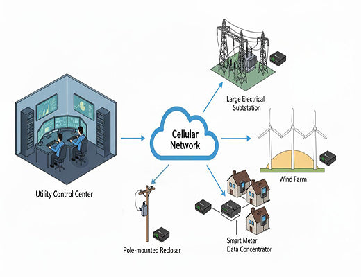 An infographic showing how an industrial cellular router provides connectivity for a wide range of smart grid and utility applications, from substations to smart meters.