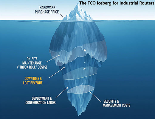 An iceberg infographic illustrating the Total Cost of Ownership (TCO) for an industrial router, showing the hidden operational costs are much larger than the initial purchase price.