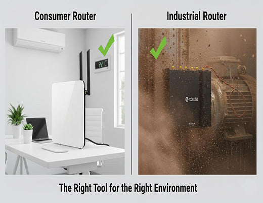 An infographic comparing a consumer router in an office to a rugged industrial router in a harsh factory setting, showing each is suited for its specific environment.
