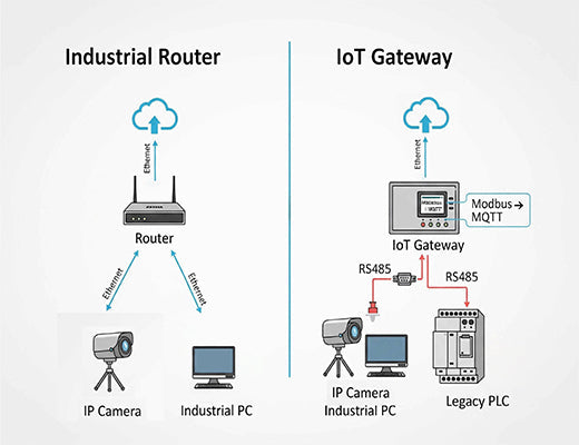 An infographic comparing the functions of an Industrial Router, which connects IP devices, to an IoT Gateway, which connects both IP and legacy serial devices.