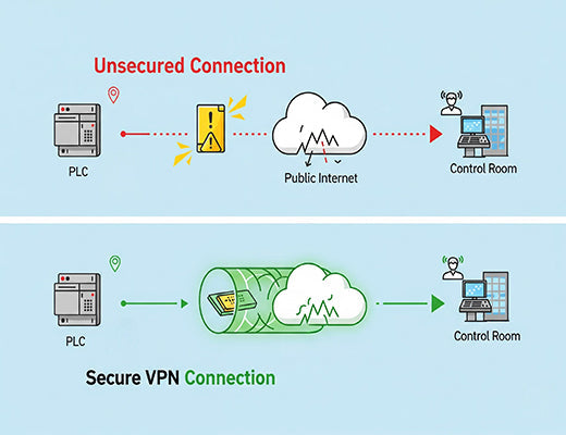 An infographic explaining how a VPN on an industrial router creates a secure, encrypted tunnel for data over the public internet.
