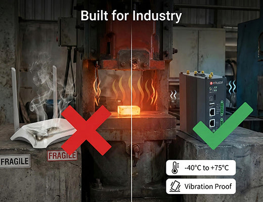A visual comparison showing the durability of a rugged industrial 5G gateway versus the failure of a consumer router in a harsh environment.