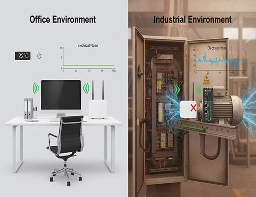An infographic comparing the benign office environment to the harsh industrial environment, showing why an industrial router is necessary.