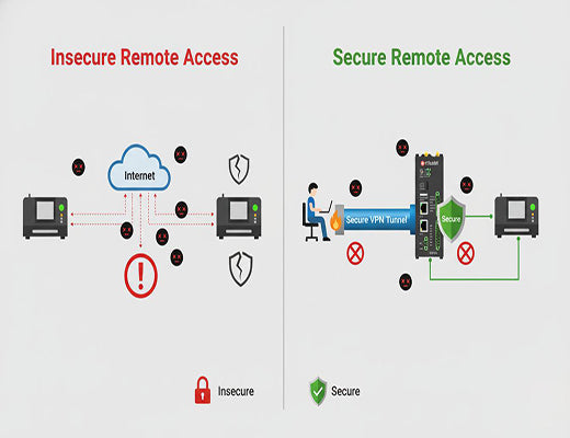 An infographic contrasting the high risks of insecure direct internet access to a CNC router versus the security provided by a VPN and edge gateway.