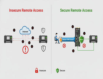An infographic contrasting the high risks of insecure direct internet access to a CNC router versus the security provided by a VPN and edge gateway.
