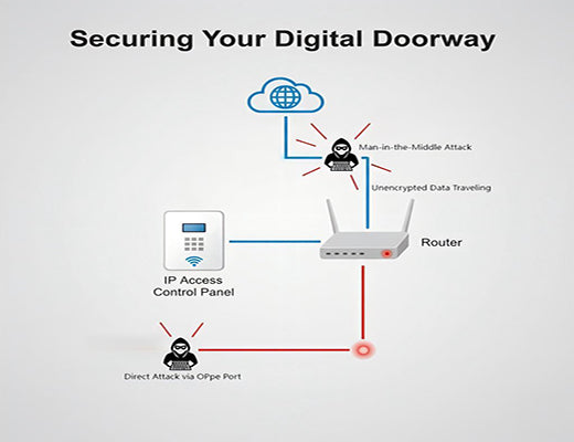 An infographic illustrating the cybersecurity risks of an unsecured IoT access control system, including data eavesdropping and direct network attacks.