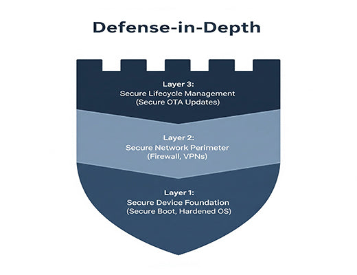 An infographic showing the layers of IoT edge security, including a secure device, a secure network, and secure lifecycle management.