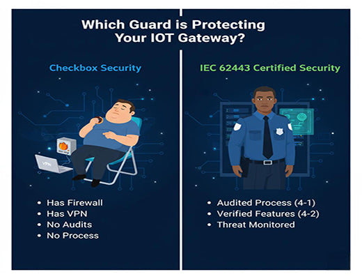 A diagram comparing simple 'checkbox' iot gateway security to the certified, professional security of an IEC 62443 compliant IoT Gateway.