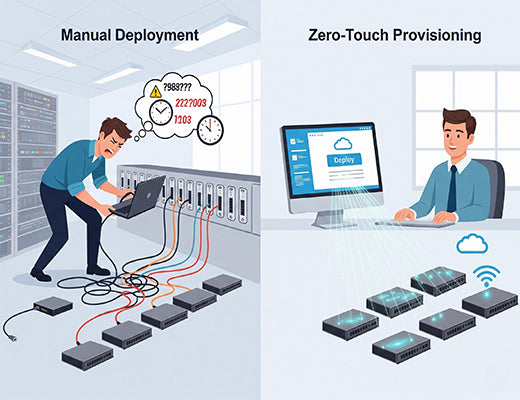 An infographic comparing the slow, costly manual deployment of IoT gateways to the fast, automated process of Zero-Touch Provisioning (ZTP).