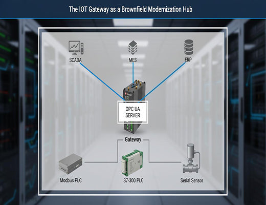 Architecture showing an IoT Gateway acting as an OPC UA server, polling legacy Modbus/S7 devices and providing a single, modern OPC UA interface for SCADA/MES.