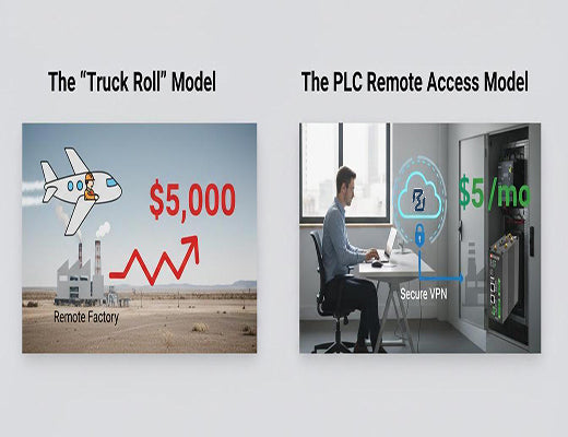 A TCO comparison showing how a PLC remote access IoT Gateway and RCMS (RobustVPN) replaces a $5,000 truck roll, helping a machine builder cut service costs.
