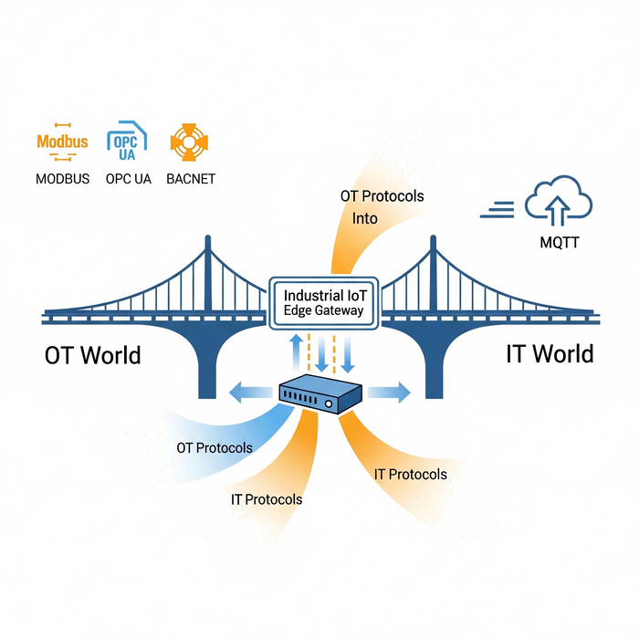An infographic showing an Industrial IoT Edge Gateway acting as a protocol bridge, translating OT protocols like Modbus and OPC UA to IT protocols like MQTT.