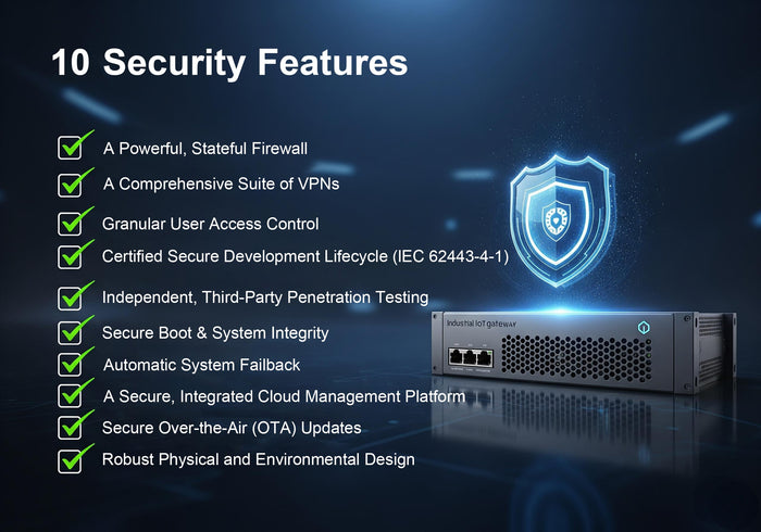 An image titled '10 Security Features' listing various security features for an IoT gateway, including a powerful firewall, comprehensive VPNs, granular user access control, certified secure development lifecycle (IEC 62443-4-1), independent third-party p