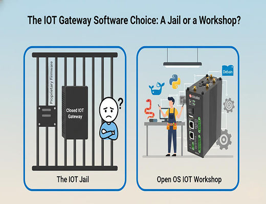 A diagram comparing a closed proprietary IoT Gateway (a jail) to an open os iot gateway (a workshop for developers), highlighting the lack of freedom.