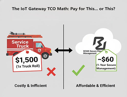 A graphic comparing the high cost of one field service truck roll to the low annual cost of an RCMS license for an IoT Gateway, highlighting the TCO.