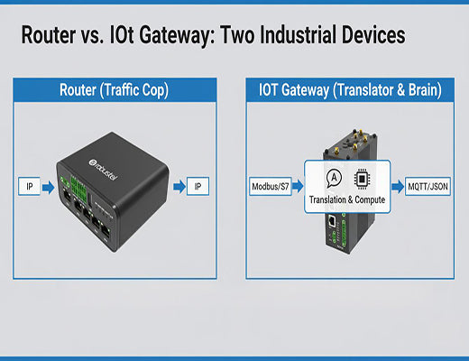 Diagram comparing an IoT gateway vs router, showing the router passing IP packets while the IoT gateway translates protocols like Modbus to MQTT.