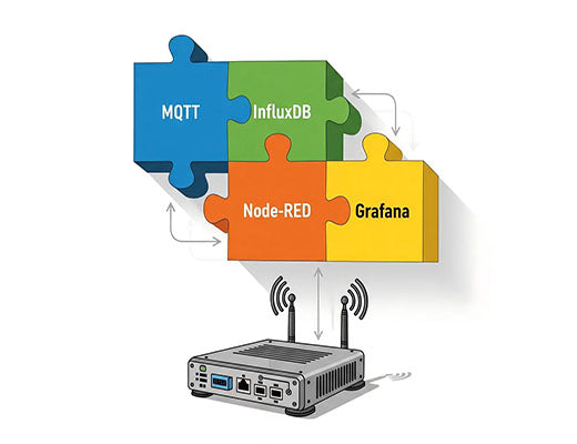 An infographic showing the MING IoT software stack, including MQTT, InfluxDB, Node-RED, and Grafana, running on an edge gateway.
