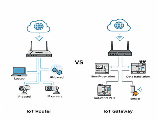 An infographic comparing the function of an IoT Router connecting IP devices versus an IoT Gateway connecting and translating for non-IP industrial devices.