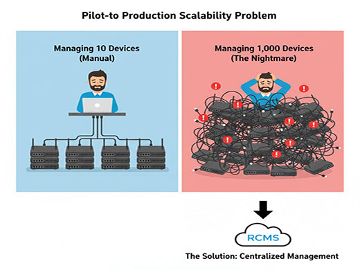 An infographic showing the challenge of manually managing a large fleet of IoT devices and how the RCMS platform solves this scalability problem.