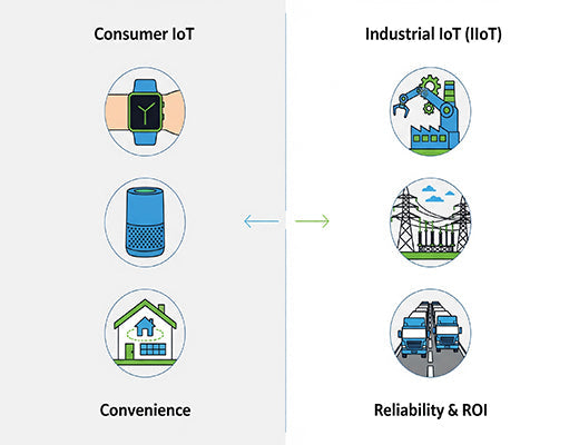 An infographic comparing consumer IoT, which focuses on convenience, to Industrial IoT (IIoT), which focuses on reliability and ROI for industrial applications.