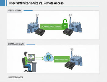 Comparison of site-to-site and remote access IPsec VPN configurations for industrial applications.
