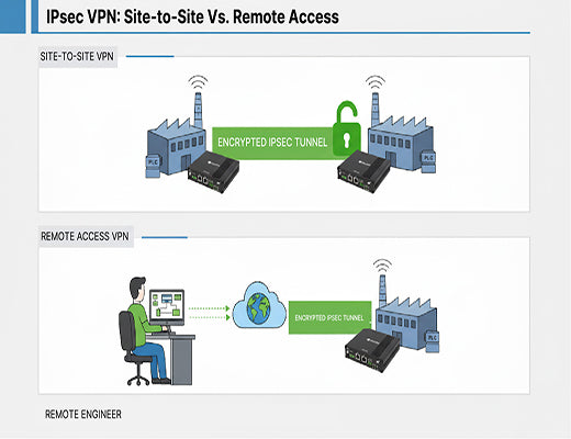 Comparison of site-to-site and remote access IPsec VPN configurations for industrial applications.