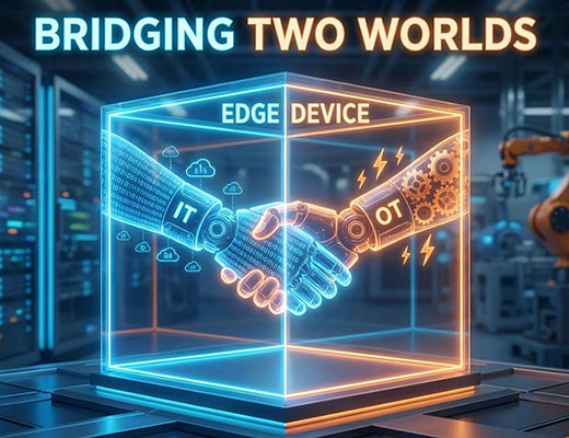 A conceptual illustration showing the convergence of Information Technology (IT) and Operational Technology (OT) facilitated by an edge device.