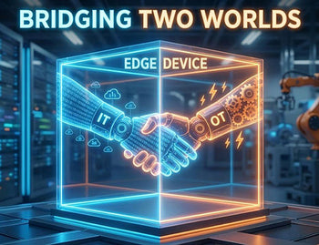 A conceptual illustration showing the convergence of Information Technology (IT) and Operational Technology (OT) facilitated by an edge device.