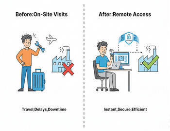 Comparison showing the cost of physical site visits versus the efficiency of remote PLC access using an L2TP IoT solution.