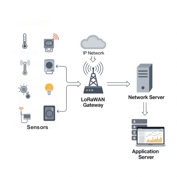 A diagram explaining the LoRaWAN architecture, showing the data flow from end devices, through the gateway, to the network server and application server.