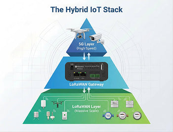 A conceptual diagram showing LoRaWAN handling low-power sensors at the bottom and 5G handling high-speed data at the top, bridged by a gateway.