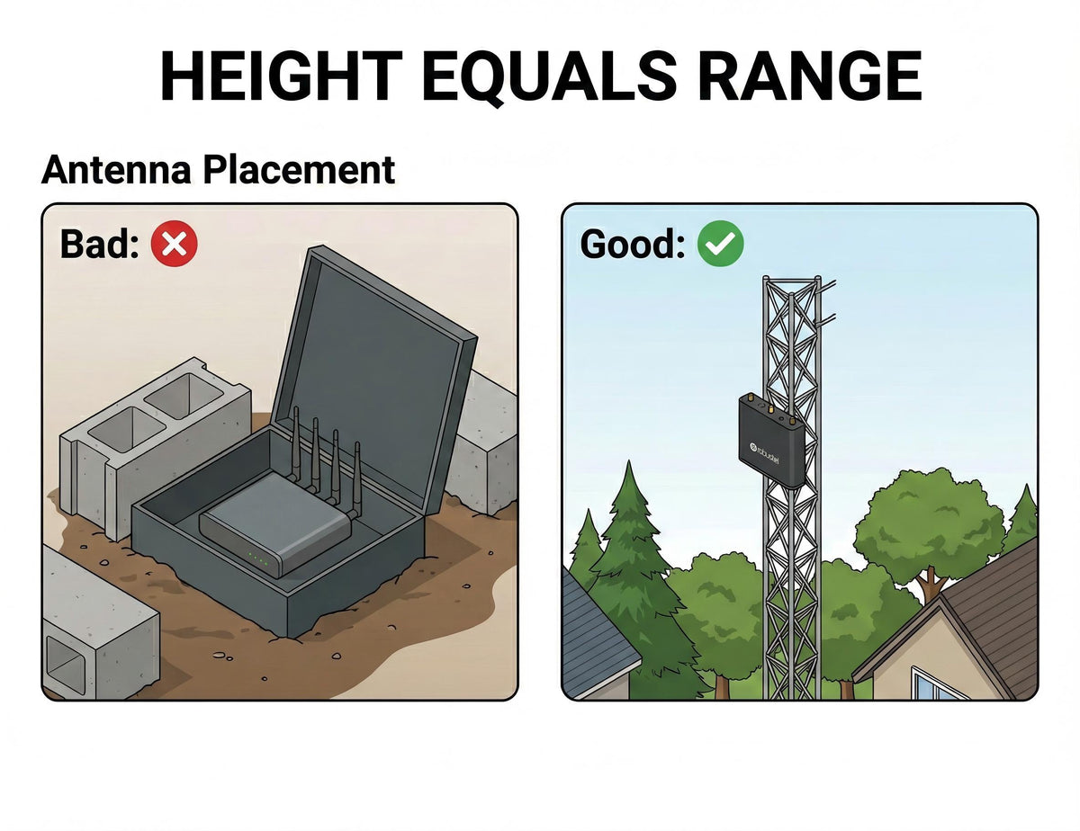 A graphic illustrating best practices for LoRaWAN gateway antenna placement, highlighting that mounting high and clear of obstructions maximizes range.