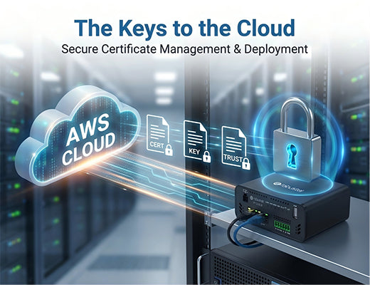 A graphic illustrating the transfer of TLS certificates and private keys from AWS IoT Core to the LoRaWAN gateway for secure authentication.