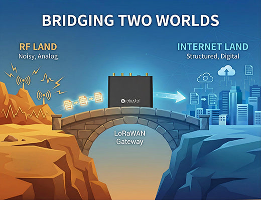 A conceptual illustration of a LoRaWAN gateway acting as a bridge between analog radio signals and digital internet networks.