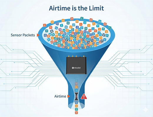 A conceptual graphic showing that the capacity of a LoRaWAN gateway is limited by the available airtime for sensor packets.