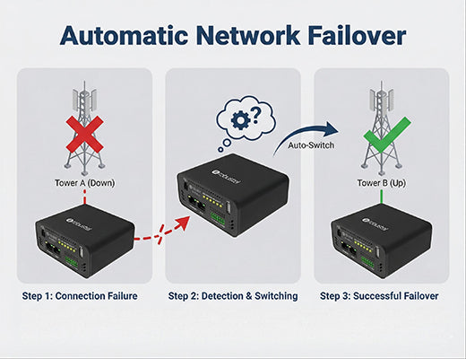 A diagram illustrating the automatic failover process of a LoRaWAN gateway switching from a failed cellular tower to a backup carrier tower.