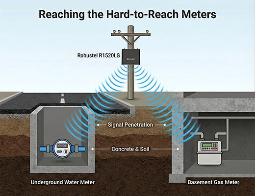 A cross-section illustration showing how a LoRaWAN gateway signal penetrates concrete and ground to reach underground water and basement gas meters.