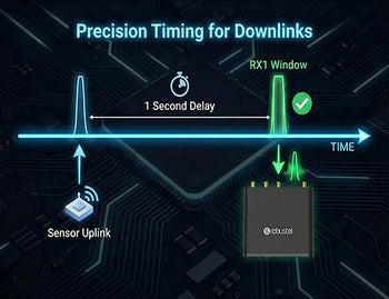 A timing diagram showing how a LoRaWAN gateway must transmit downlink messages during the sensor's specific receive window.