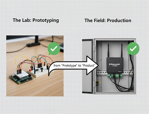 An infographic illustrating the journey from a Raspberry Pi LoRaWAN gateway prototype in a lab to a scalable production solution using an industrial gateway.