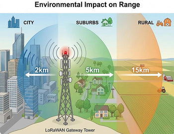 A comparison infographic showing how a LoRaWAN gateway's range extends from 2km in cities to 15km in rural areas.