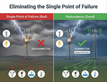 A comparison graphic showing how a single LoRaWAN gateway failure causes a blackout versus how a redundant gateway architecture ensures continuous connectivity.