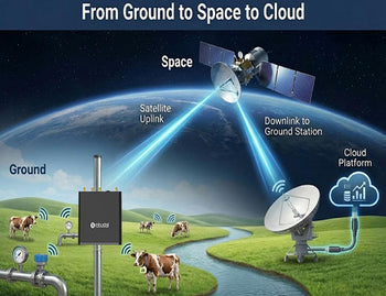 A diagram illustrating the hybrid architecture of ground-based sensors communicating with a LoRaWAN gateway, which then uses a satellite link for internet backhaul.