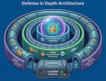A diagram showing the multiple layers of encryption in a LoRaWAN network, from sensor AppKeys to the gateway's VPN tunnel.