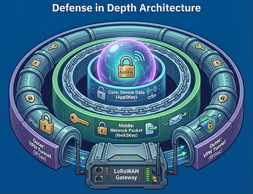 A diagram showing the multiple layers of encryption in a LoRaWAN network, from sensor AppKeys to the gateway's VPN tunnel.