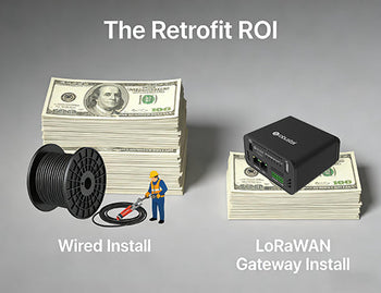 A cost comparison graphic illustrating the significant savings of a wireless LoRaWAN gateway retrofit compared to expensive wired sensor installation.