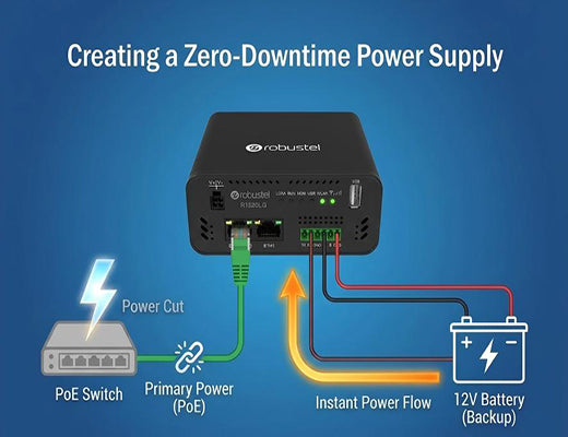A wiring diagram showing how to connect both PoE and DC power to a LoRaWAN gateway to create an uninterruptible power supply (UPS).