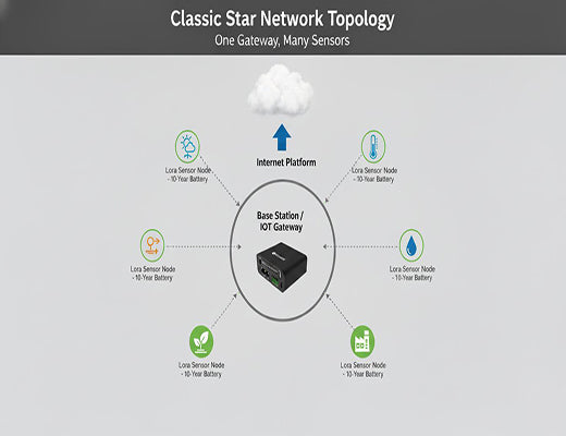 A diagram of a LoRaWAN star network, showing multiple LoRa sensor nodes sending data to a central LoRaWAN IoT Gateway, which forwards it to the cloud.