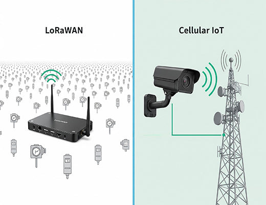 An infographic comparing the core use cases in the LoRaWAN vs Cellular IoT debate: wide-area sensor networks vs. high-bandwidth devices.