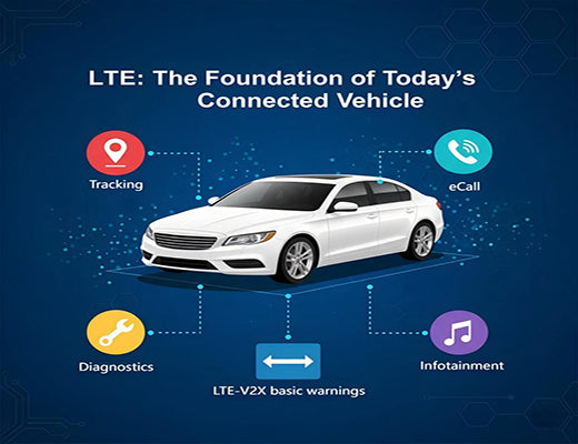 Illustration showing current connected vehicle features enabled by LTE, including telematics, infotainment, and basic V2X warnings, relevant to the lte vs 5g comparison.