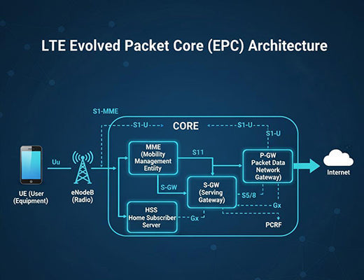 Simplified diagram illustrating the node-based architecture of the LTE core network (EPC), a key part of the lte vs 5g comparison.